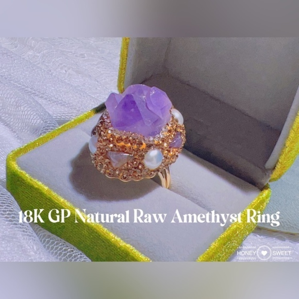 - 18K GP Natural Raw Amethyst  & fresh water pearl Ring
